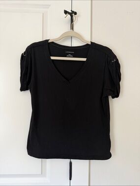 Anthropologie Black V-Neck Short Sleeve Top with Ring Detail